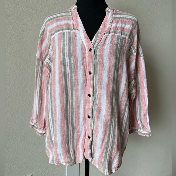 Marc New York Andrew Marc 100% Linen Striped Button-Up Shirt Sz M Coastal Beach - Picture 1 of 5